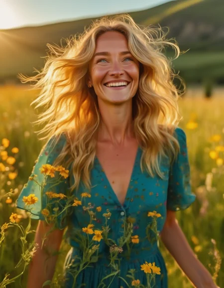 A woman with shoulder-length, wavy golden blonde hair, her blue-green eyes sparkling with joy. Sheâs standing in a sunlit meadow, the wildflowers swaying in the breeze, her laughter filling the air as she dances in the golden light. <lora:usual-portrait-v2:1>