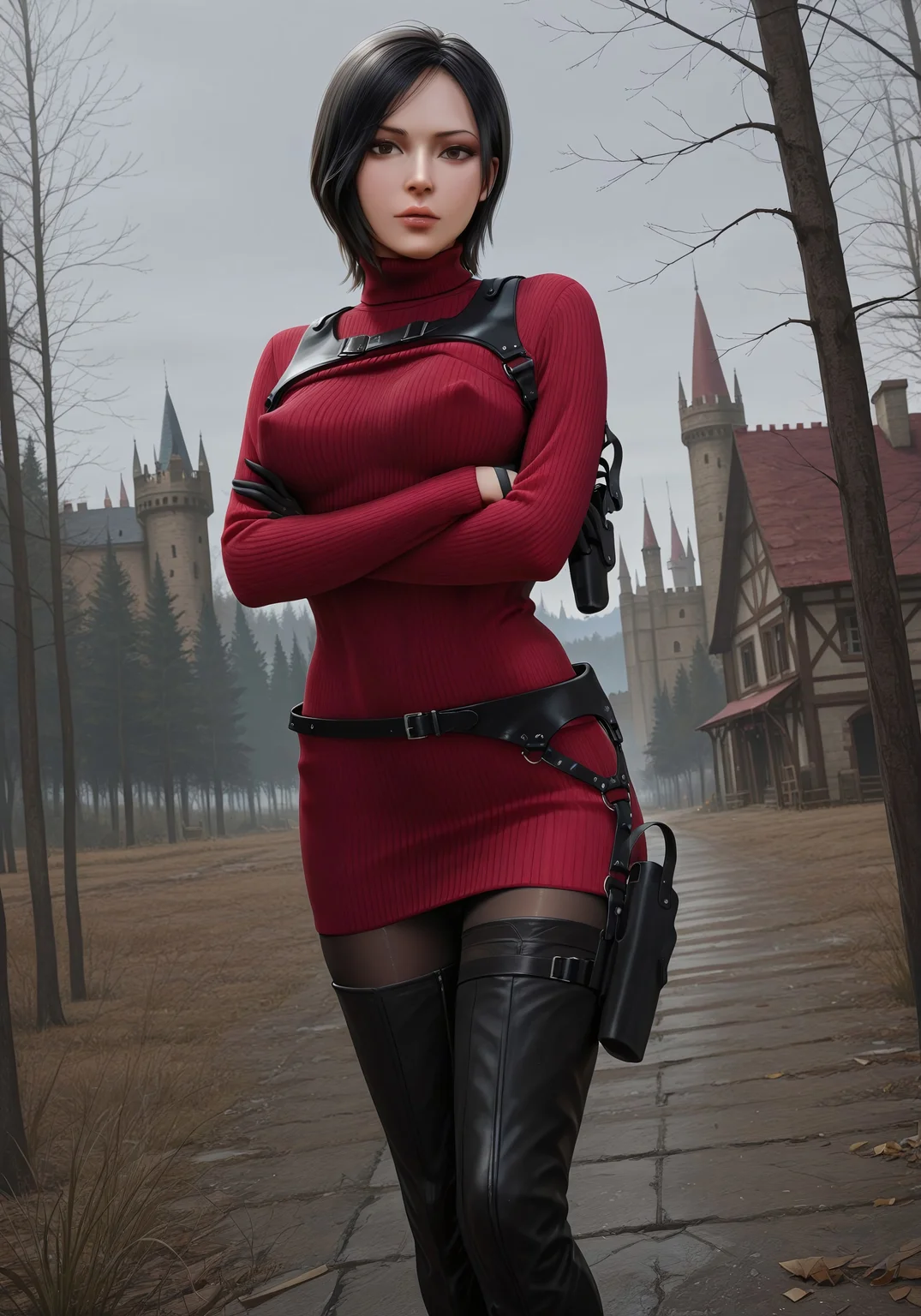 safe_pos, masterpiece, best quality, BREAK, dynamic angle, 1girl, brown eyes, adawongre4, solo, black hair, sweater, turtleneck, harness, belt, holster, gloves, thighhigh boots, pantyhose, perky breasts, arms crossed, castle, village, horror, detailed scenery, forest, cinematic lighting, looking at viewer