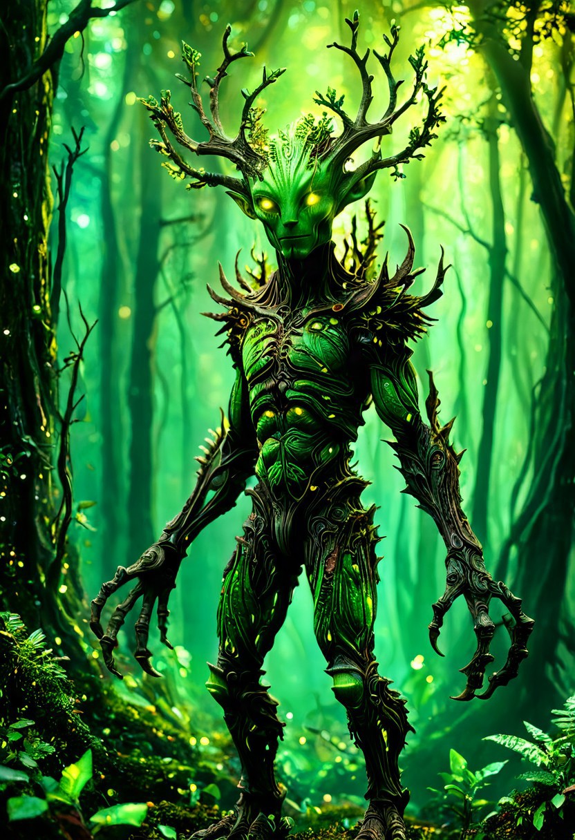 A photorealistic image of a majestic alien Spriggan, 
intricate details, dramatic composition, contrast, texture, realism, high quality, stunning art, film grain, volumetric lighting, detailed, 
alienworld,
background is alien forest,