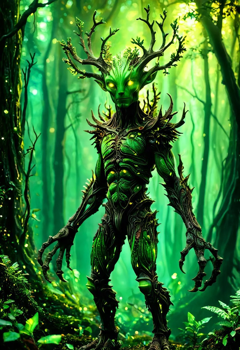A photorealistic image of a majestic alien Spriggan,
intricate details, dramatic composition, contrast, texture, realism, high quality, stunning art, film grain, volumetric lighting, detailed,
alienworld,
background is alien forest,