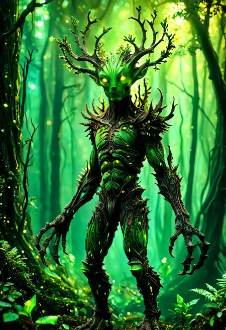A photorealistic image of a majestic alien Spriggan,
intricate details, dramatic composition, contrast, texture, realism, high quality, stunning art, film grain, volumetric lighting, detailed,
alienworld,
background is alien forest,