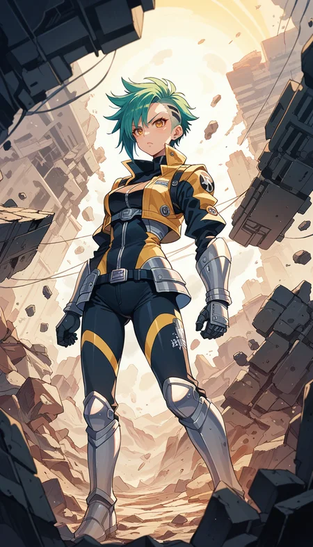 score_9, score_8_up, score_7_up, Anime Style, Full Body Shot, space girl, knight girl, space punk, punk hair, stern, jumping, photo by Yoji Shinkawa and Tsutomu Nihei, black|yellow theme, battle worn armored, rubble background, depth of field, dynamic angle, fashion photography, sharp, hyperdetailed:1.15
