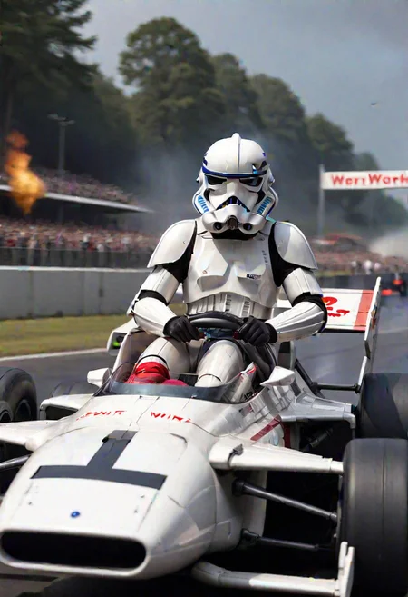 storm trooper driving a formula 1 X-wing seen from the side as it passes the onlookers