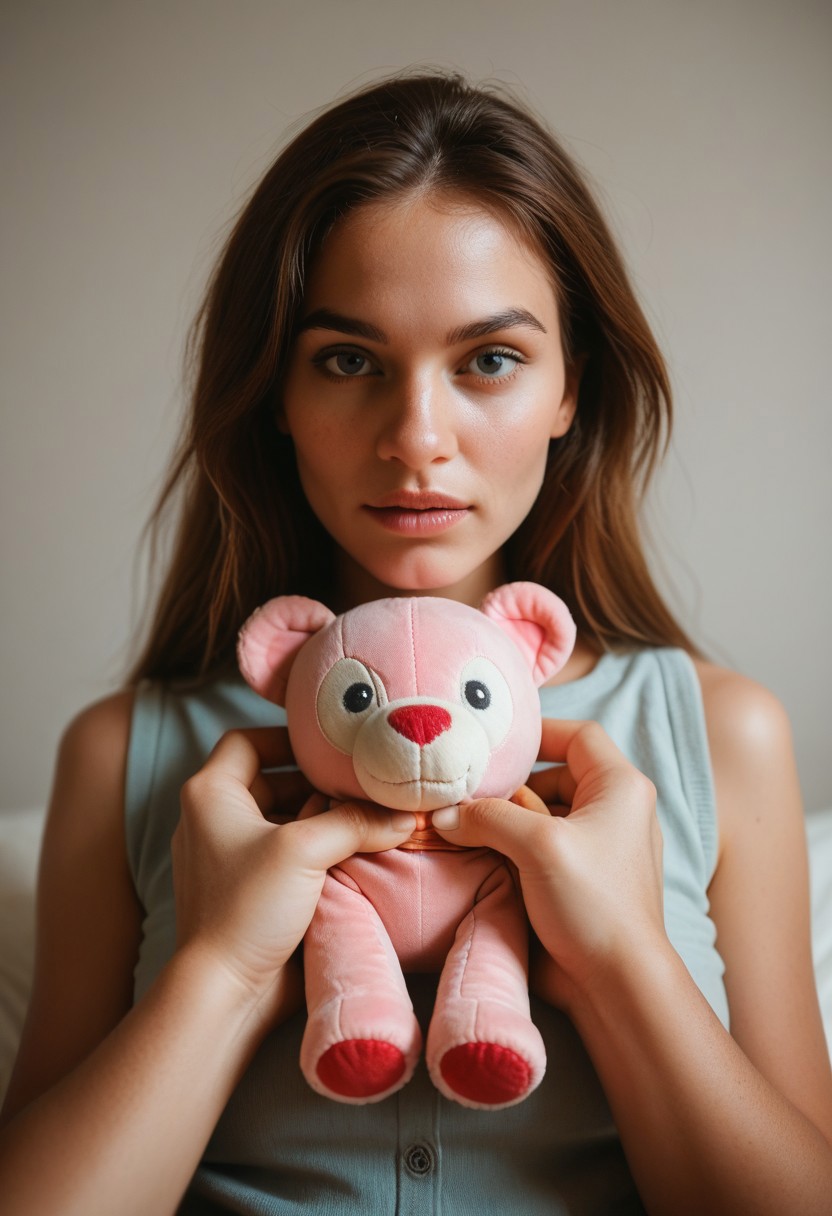 Score_PnyReal C4M3R403, pov, stuffed toy, holding toy, 1girl, solo, grainy, film photography
