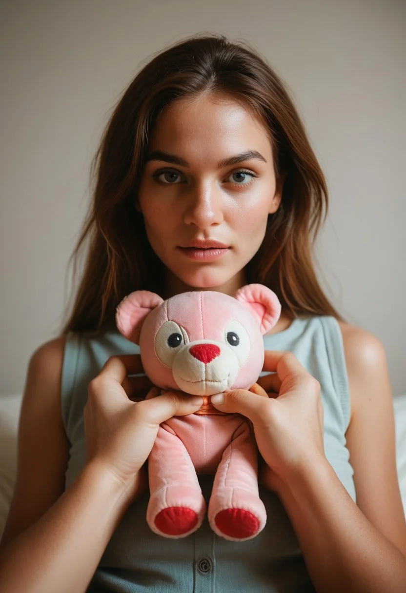 Score_PnyReal C4M3R403, pov, stuffed toy, holding toy, 1girl, solo, grainy, film photography