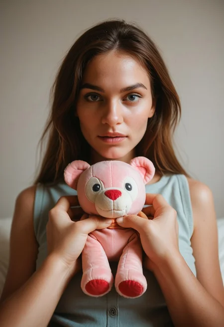 Score_PnyReal C4M3R403, pov, stuffed toy, holding toy, 1girl, solo, grainy, film photography