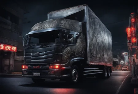 (masterpiece, best quality), highly detailed, ultra-detailed, (night), (city highway), (large truck), (truck bed side:1.3), (japanese tattoo style:1.4), (evil snake:1.5), (serpent scales), (detailed scales), (snake fangs), (glowing red eyes), (menacing), (dark color scheme), (headlights on), (streetlights:1.2), (motion blur:0.8), (high speed), (asphalt road), (reflections), (night atmosphere),Japanese truck