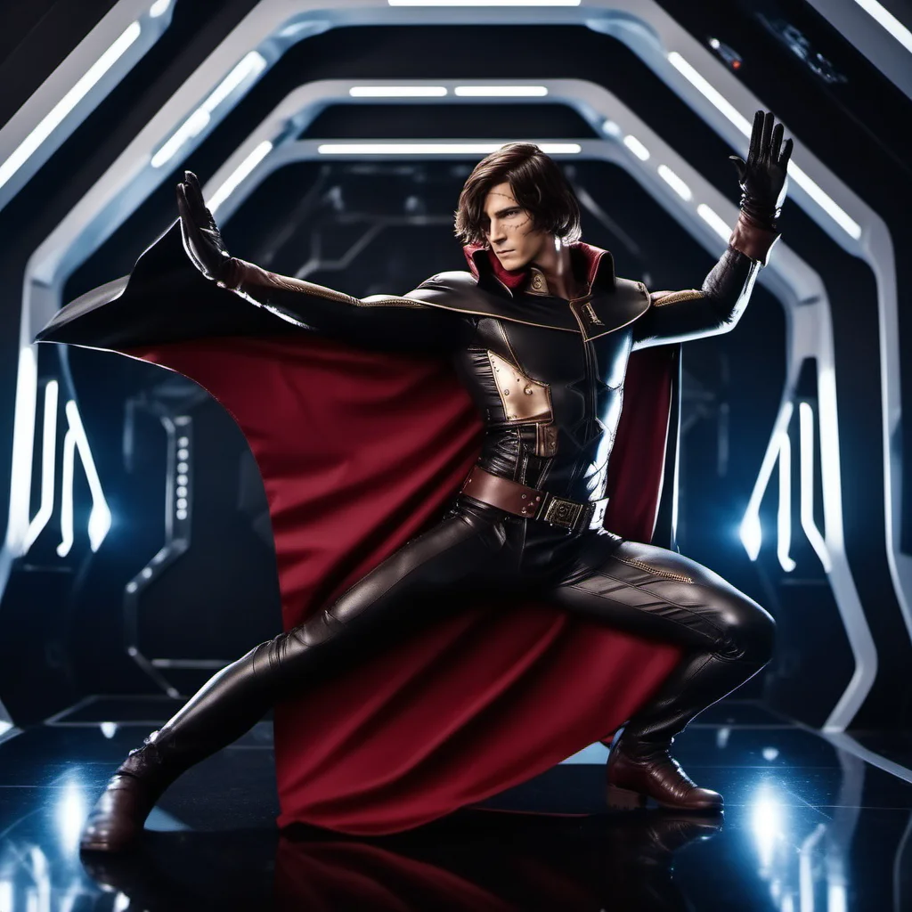 cinematic photo a full body man, solo, cape, brown hair, scar, black gloves, in a spaceship<lora:Albator1024_r1:0.8> . 35mm photograph, film, bokeh, professional, 4k, highly detailed