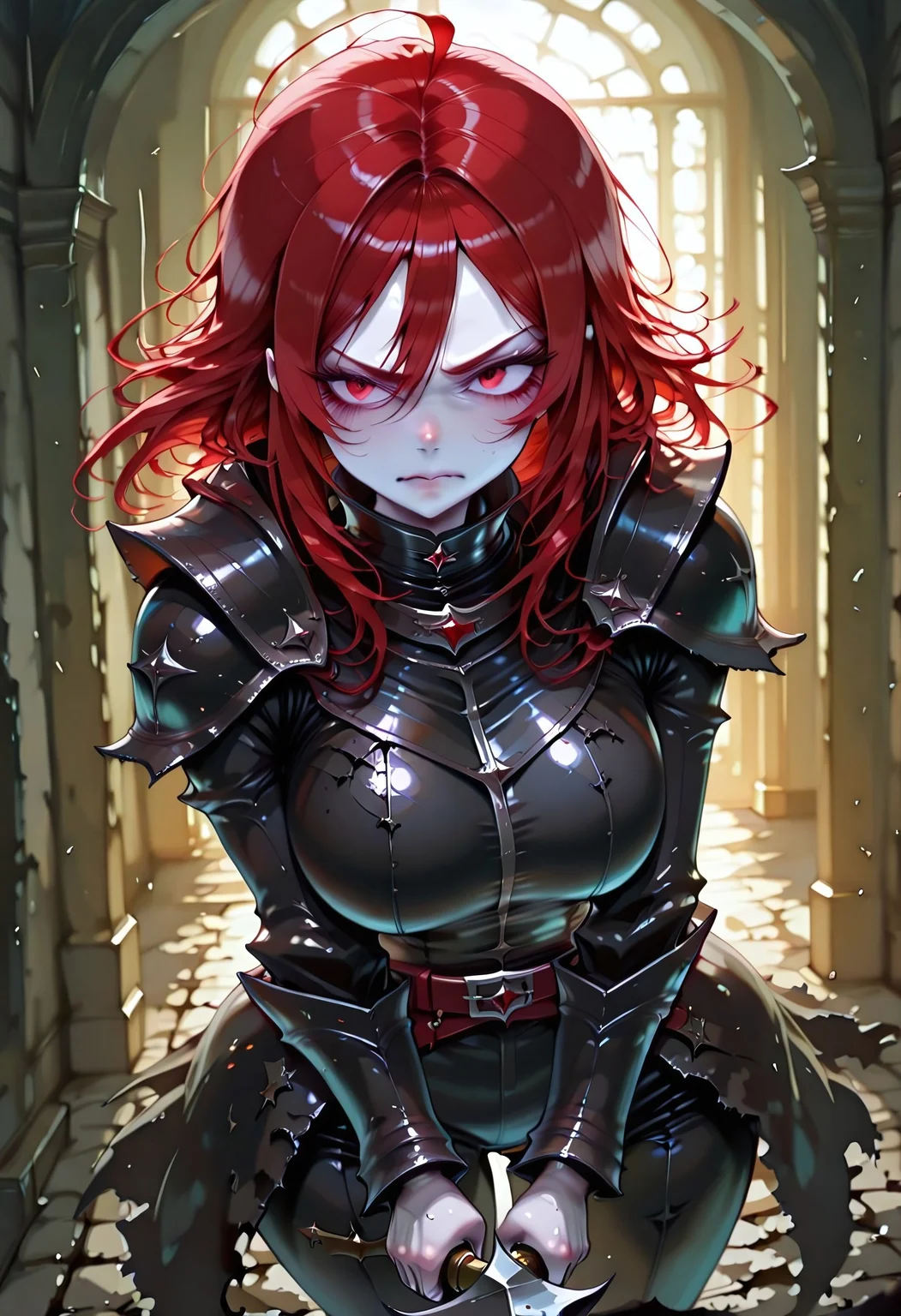 masterpiece, best quality, highres, absurdres, amazing quality, high resolution,
Red Eyes, Red Hair, pale skin, Black Medieval Armor, leather straps
holding sword
curved blade, sword fighting, angry, brave perspective, hand raised up
