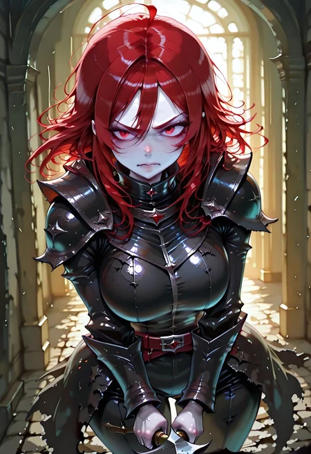 masterpiece, best quality, highres, absurdres, amazing quality, high resolution,
Red Eyes, Red Hair, pale skin, Black Medieval Armor, leather straps
holding sword
curved blade, sword fighting, angry, brave perspective, hand raised up