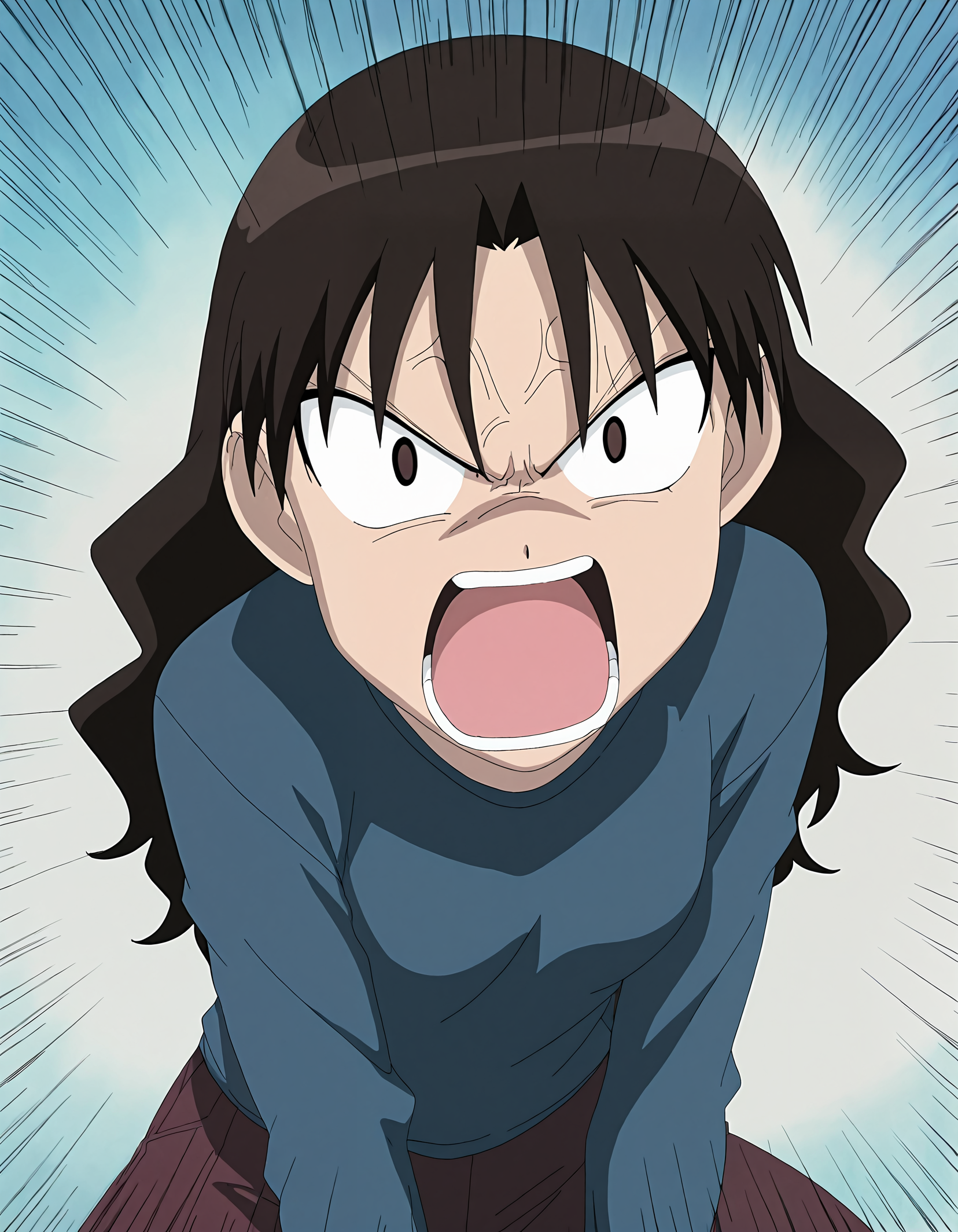 masterpiece, best quality, good quality, newest, highres, absurdres,<lora:Azumanga_style-000013:1>,azumanga_illu, style parody,anime screenshot, 1girl, solo, long hair, open mouth, angry, shouting, brown hair, emphasis lines, long sleeves, parody,action lines