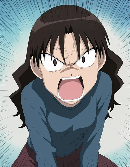 masterpiece, best quality, good quality, newest, highres, absurdres,<lora:Azumanga_style-000013:1>,azumanga_illu, style parody,anime screenshot, 1girl, solo, long hair, open mouth, angry, shouting, brown hair, emphasis lines, long sleeves, parody,action lines