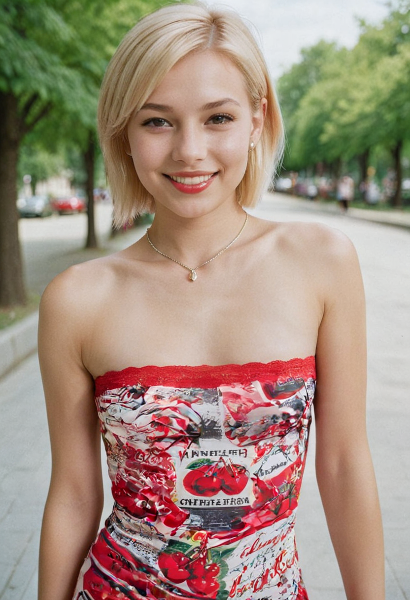 1girl, 20 years old, highly detailed face, short blonde hair, outdoor, cherry minidress, ideal face, cute smile, realistic detailed skin, RAW candid cinema, 16mm, color graded 400 film, remarkable color, ultra realistic, highest quality, masterpiece photography, <lora:add-detail-xl:1.5>, <lora:BT_Cherry_Minidress_XL:0.7>