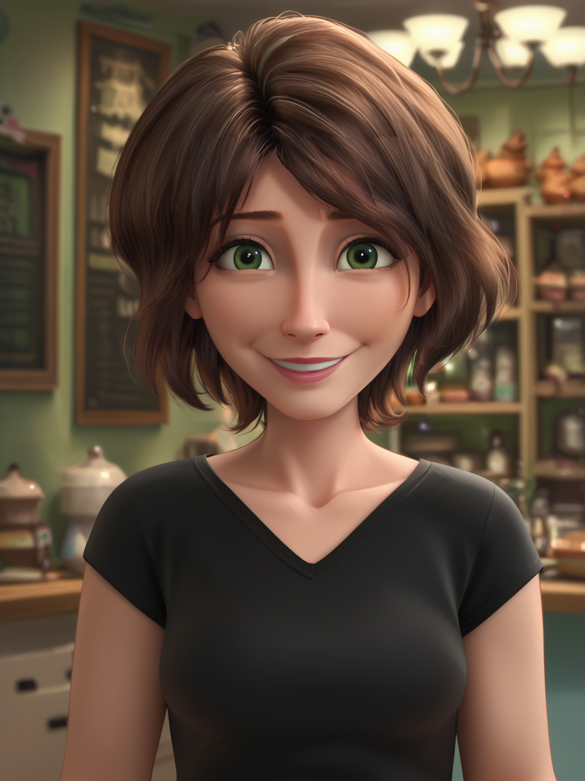 <lora:Cass-Big_Hero_6:1>,cass,mature female,1girl,solo,brown hair,short hair,green eyes,black shirt,upper body,looking at viewer,light smile, ,indoors