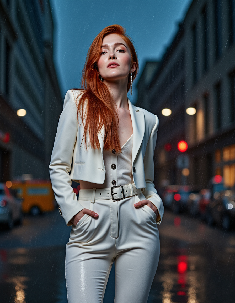 "A thunderstorm rages over the city as the redhead supermodel walks through the rain-soaked streets, her fancy white full combat suit clinging to her every curve. Lightning cracks the sky, illuminating her in surreal bursts as she tilts her head back, letting the raindrops roll down her flushed skin. She moves like a force of nature itselfâwild, unrestrained, and dangerously seductive.  <lora:jialissa64:0.9> jialis