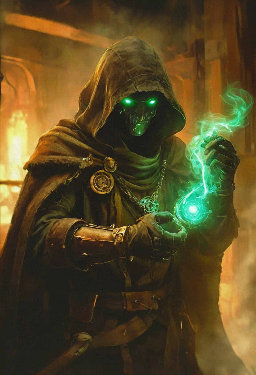 In the shadowed alleys of Tarant, Gideon Clockwork, a rogue artificer with a sleek, mechanical arm and a dark, hooded cloak, crouches over a steam-powered device hidden within the wall of a building. His metallic arm, engraved with glowing magical symbols, clicks and whirs as he deftly manipulates the intricate gears and valves of the contraption. Smoke curls from his lips as he puffs on a small, copper pipe, his sharp green eyes focused intently on his work. The device, a blend of steam technology and enchanted metals, pulses with energy as Gideon sets the final rune in place, ready to unleash a controlled burst of both mechanical and magical power,
realistic,
, the scene is captured in dimly lit dark fantasy but vibrant colors, with bold ink lines defining form against the watercolor wash of the aged paper