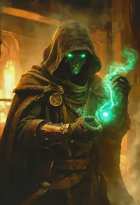 In the shadowed alleys of Tarant, Gideon Clockwork, a rogue artificer with a sleek, mechanical arm and a dark, hooded cloak, crouches over a steam-powered device hidden within the wall of a building. His metallic arm, engraved with glowing magical symbols, clicks and whirs as he deftly manipulates the intricate gears and valves of the contraption. Smoke curls from his lips as he puffs on a small, copper pipe, his sharp green eyes focused intently on his work. The device, a blend of steam technology and enchanted metals, pulses with energy as Gideon sets the final rune in place, ready to unleash a controlled burst of both mechanical and magical power,
realistic,
, the scene is captured in dimly lit dark fantasy but vibrant colors, with bold ink lines defining form against the watercolor wash of the aged paper