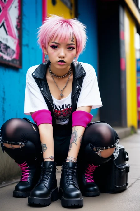 (street photography) Japanese punk girl,(JAV),punk wearing a tattered rock band t-shirt ,tartan leggings,platform boots, cotton candy pink buzzcut, eyebrow piercing,labret piercing, smudged eyeliner,fingerless gloves,spiked dog collar necklace,chain-link belt,provocative allure,intricate background,<lora:Jasmine:1.4>,eye catchlights,