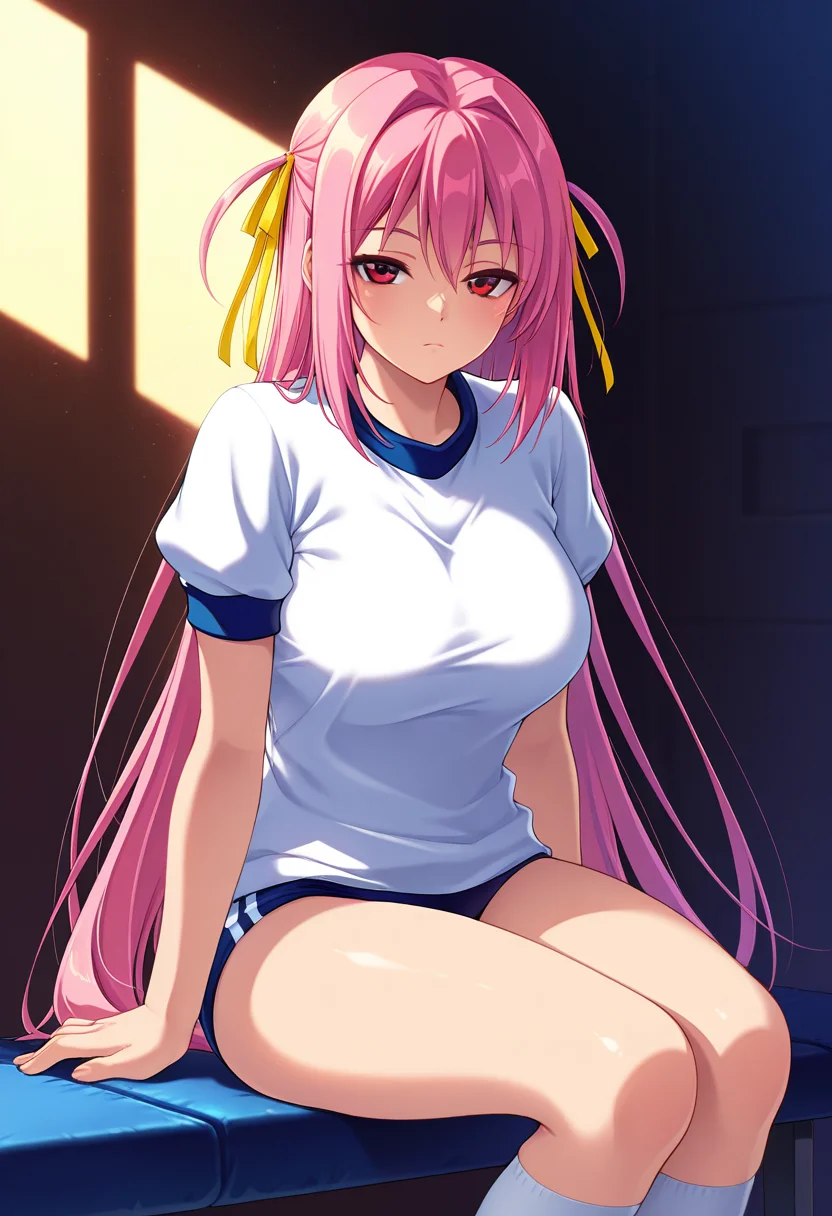 masterpiece, best quality, amazing quality, absurdres, 1girl, solo,yunaww, red eyes, pink hair, long hair, very long hair, two side up, yellow hair ribbon, large breasts, gym uniform, gym shirt, untucked shirt, blue buruma, white socks, <lora:Sakurasawa_Yuna_Gakuen_Saimin_Reido_ill:0.8>, sitting, legs together, narrowed eyes, expressionless, looking at viewer, skindentation, detailed clothing folds, depth of field, sharp, high contrast, dynamic light