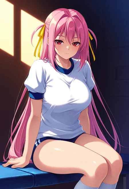 masterpiece, best quality, amazing quality, absurdres, 1girl, solo,yunaww, red eyes, pink hair, long hair, very long hair, two side up, yellow hair ribbon, large breasts, gym uniform, gym shirt, untucked shirt, blue buruma, white socks, <lora:Sakurasawa_Yuna_Gakuen_Saimin_Reido_ill:0.8>, sitting, legs together, narrowed eyes, expressionless, looking at viewer, skindentation, detailed clothing folds, depth of field, sharp, high contrast, dynamic light