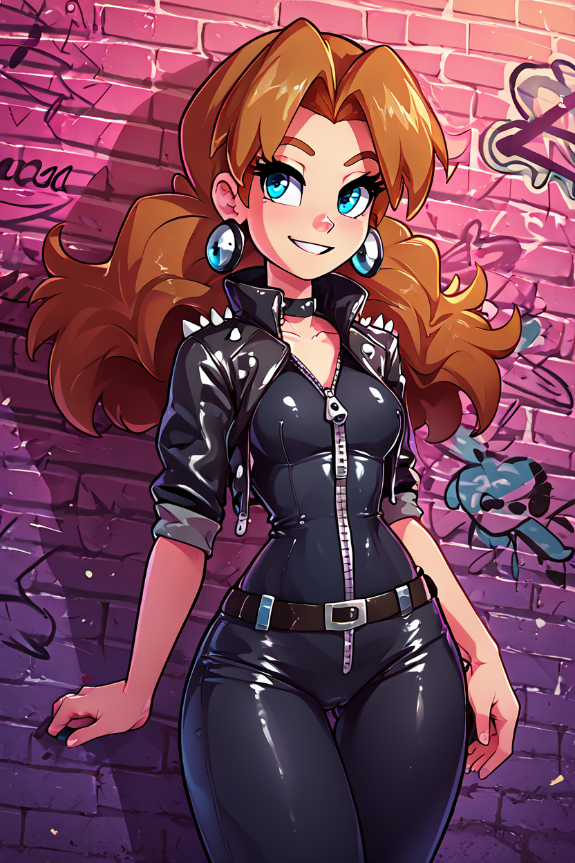 score_9, score_8_up, score_8, medium breasts, (curvy), cute, eyelashes,       BREAK, , <lora:Molly_Pokemon_PDXL:0.8>,  zzMolly,  blue eyes, brown hair, parted bangs, long hair,  , BREAK, smile, looking at viewer,  leather jacket, leather pants, black jacket, tight pants, black choker, zipper, biker clothes, spikes,  multiple belts, shiny clothes, high collar, (graffiti:1.2), brick wall, cowboy shot, embedding:zPDXL, Expressiveh, <lora:theOtherHalfPDXL:0.8>,  <lora:CatalystStylePDXL:0.6>,  <lora:SDXLFaeTastic2400:0.5>,  <lora:Expressive_H-000001:0.4>,