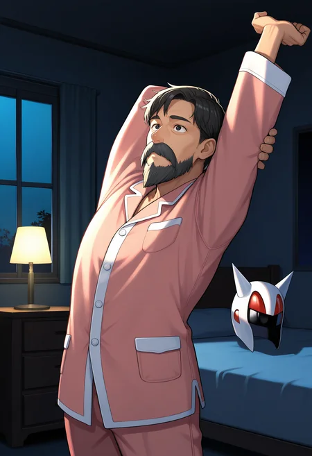 1boy, solo,
heika, facial hair, black eyes, mustache, beard, pink pajamas, (unworn helmet:1.2), horned helmet,
standing, indoors, bed, dark room, desk lamp, arms up, stretching, window, night,
masterpiece,best quality,amazing quality,very aesthetic,absurdres,newest,
<lora:StS-Illustrious-Detail-Slider-v1.0:1.5>,<lora:reduce_wrinkles_illstriouosv0.1_ADDifT_2_in_1_v1.2:0.8>, <lora:99coins_heika_IL_v3_10:1>