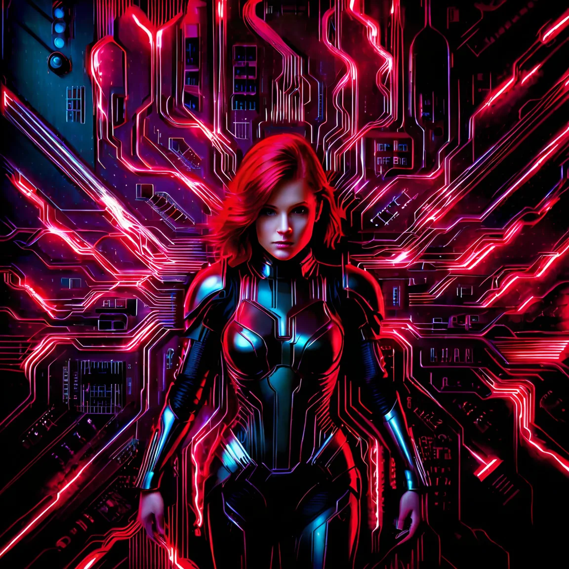 iccircuitart,electric dark red theme,masterpiece, best quality, 1girl, sci-fi armor with black and red colors, glowing elements, redhair,<lora:iccircuitart:1>