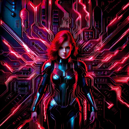 iccircuitart,electric dark red theme,masterpiece, best quality, 1girl, sci-fi armor with black and red colors, glowing elements, redhair,<lora:iccircuitart:1>