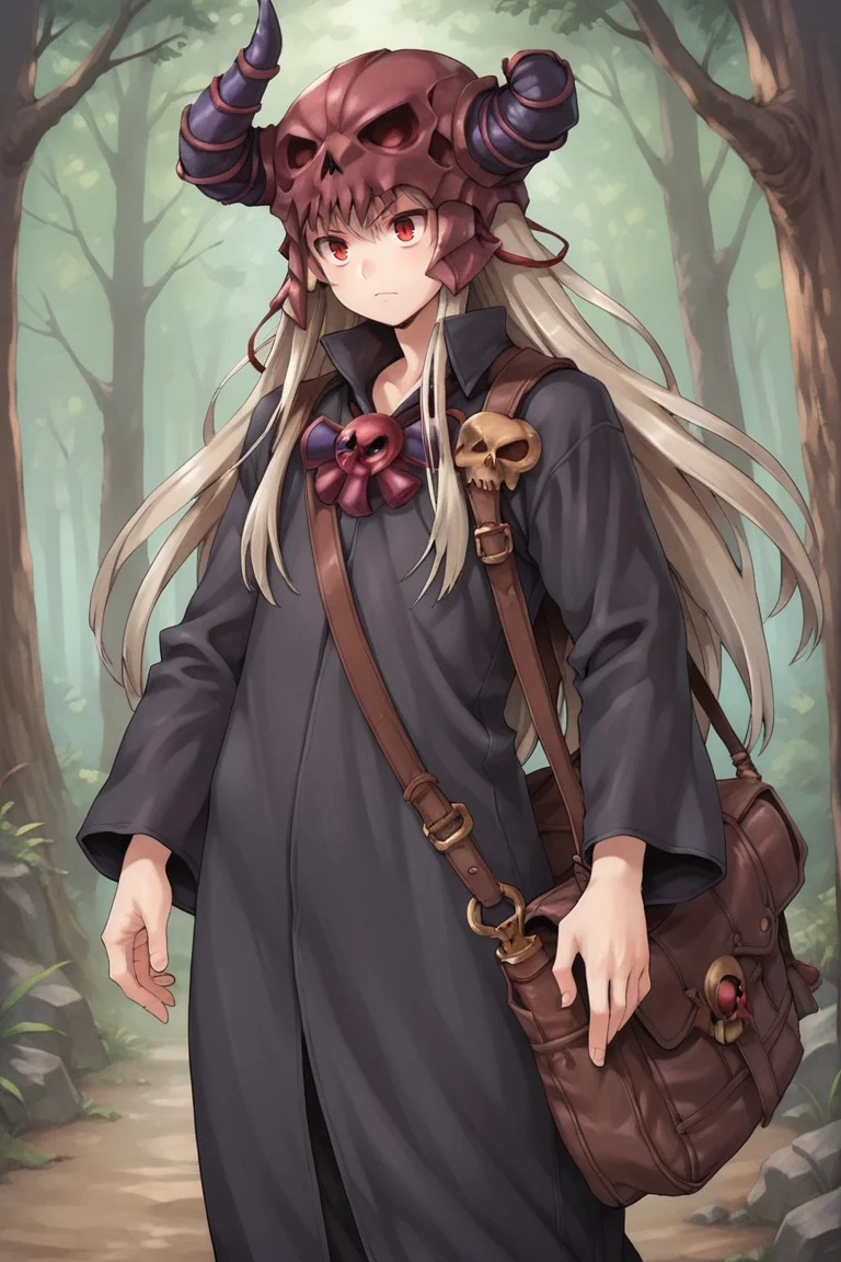(score_9, score_8_up, score_7_up, score_6_up), source anime, BREAK, <lora:Necromancer:0.75> , necdef, 1boy, red eyes, long hair, grey hair, horned helmet, skull brooch, collared robe, black robe, long sleeves, bag, looking at viewer, solo, standing, (cowboy shot), <lora:zy_Detailed_Backgrounds_v1:0.3> , detailed background, highly detailed, outdoors, forest, <lora:90s4n1m3XLP:0.6> , 90s4n1m3,