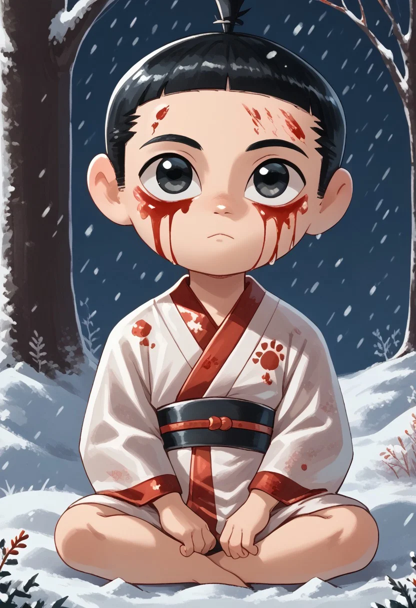 score_9, score_8_up, score_7_up, highly detailed, CuteCartoonStyle, cute, Score_9, Score_8_up, Score_7_up <lora:Young Samurai Jack:1>,youngjack, fair skin, topknot, short black hair, black eyes, male, 1boy, blood, male focus, solo, blood on face, snow, black hair, snowing, black eyes, chibi, looking at viewer, short hair, japanese clothes, blood on clothes, outdoors, closed mouth, kimono
, <lora:Cute Cartoon ArtStyle:1>CuteCartoonStyle,
<lora:IssaKa Poses:1>, full body, sitting, sitted, open legs, hands beside body, front view