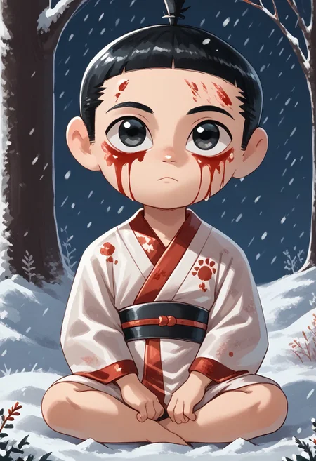 score_9, score_8_up, score_7_up, highly detailed, CuteCartoonStyle, cute, Score_9, Score_8_up, Score_7_up <lora:Young Samurai Jack:1>,youngjack, fair skin, topknot, short black hair, black eyes, male, 1boy, blood, male focus, solo, blood on face, snow, black hair, snowing, black eyes, chibi, looking at viewer, short hair, japanese clothes, blood on clothes, outdoors, closed mouth, kimono
, <lora:Cute Cartoon ArtStyle:1>CuteCartoonStyle,
<lora:IssaKa Poses:1>, full body, sitting, sitted, open legs, hands beside body, front view