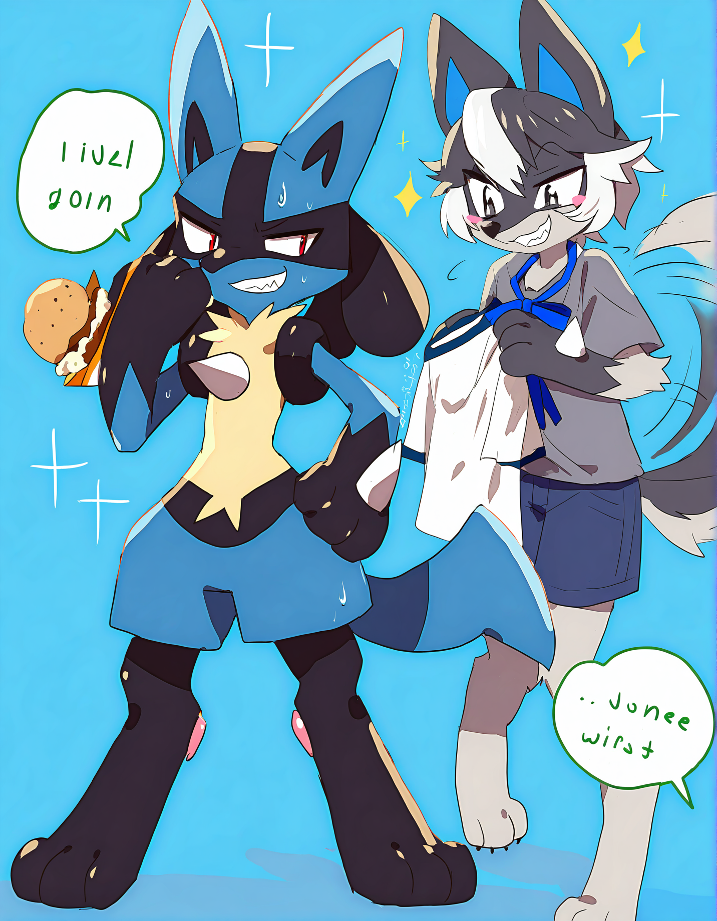 fiddleafox,
lucario, tail wagging, blue shorts, blush, furry, standing, tail, happy, shirt, blue background, wolf tail, pokemon (creature), teeth, red eyes, animal ears, white shirt, simple background, smile, wolf ears, holding, hand up, full body, shorts, one eye closed, animal hands, two-tone hair, body fur, spikes, wolf boy, black fur, short sleeves, sharp teeth, blue fur, 2boys, dog tail, general, multicolored hair, claws, closed mouth, sparkle, eating, food, animal feet, blue ribbon, multiple boys, male focus, barefoot, dog ears, green shorts, holding food, snout, short hair, furry male, ribbon, looking at viewer, black hair, afterimage, hand on own hip, motion lines, hands up, white fur, grin, english text, arm at side, wolf girl, multicolored fur, clothed pokemon, furry female, two-tone fur, looking at another, nervous, looking to the side, white hair, blush stickers, hand to own mouth, sweat, flat color, embarrassed, multiple views, open mouth, animal nose, breasts, medium breasts, blue hair
very awa, masterpiece, best quality, year 2024, newest, highres, absurdres, <lora:fiddleafox-style-noobai-vpred10:1>
