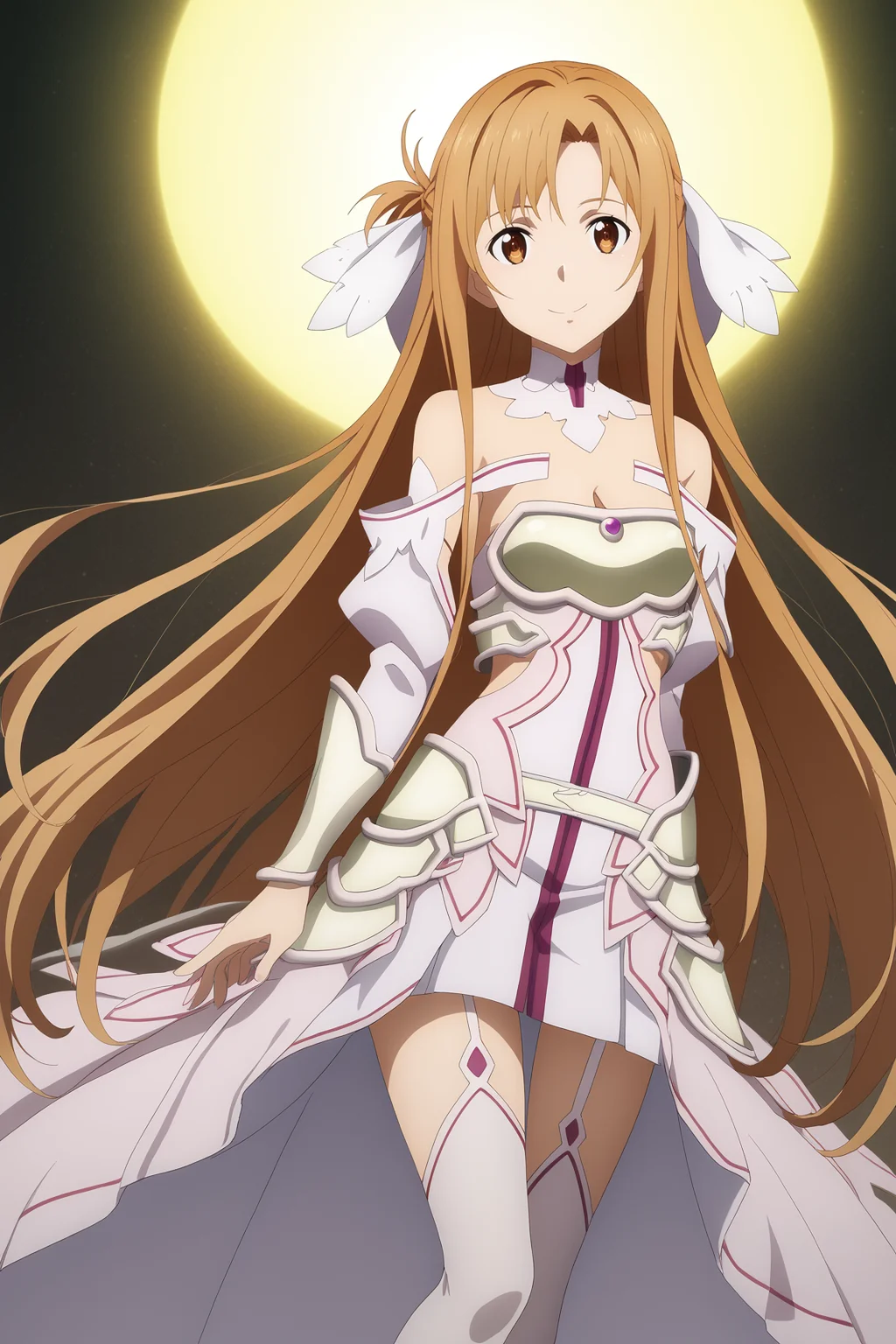 score_9, score_8_up, score_7_up, source anime, prefect lighting, very aesthetic, BREAK, anime coloring, anime screencap, official art,
<lora:asuna_sao_v2-pdv6:1>, 1girl, asuna \(sao\), sword art online, brown eyes, brown hair,
stacia, hair ribbon, white armor, breastplate, white dress, detached sleeves, cleavage, bare shoulders, white thighhighs, garter straps,
BREAK, looking at viewer, smile,
BREAK,