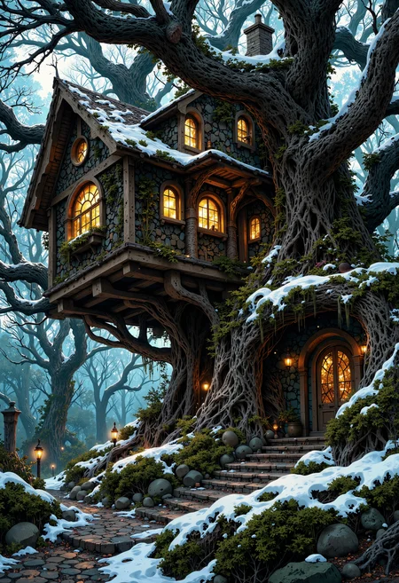 A whimsical, enchanted treehouse nestled within a dense, misty forest, capturing an atmosphere of magic and mystery. The treehouse, resembling an intricate blend of wood and stone, features multiple rounded windows glowing softly with warm light, inviting curiosity. The structure emerges from a large, gnarled trunk, adorned with twisting branches. Soft snow blankets the roof and surrounding ground, while a narrow, winding path made of cobblestones leads to the entrance. The scene is cloaked in deep blues and muted greens, with ethereal fog weaving through the trees, enhancing the dreamlike quality. The aesthetic combines elements of fantasy and hyperrealism, rich in intricate details and textures, evoking a sense of wonder and adventure., f4nt4st1c<lora:Flux/Fantastic Realism - s0_8 g4.safetensors:0.5:0.5> <lora:Flux/MysticFantasy.safetensors:1.0:1.0>