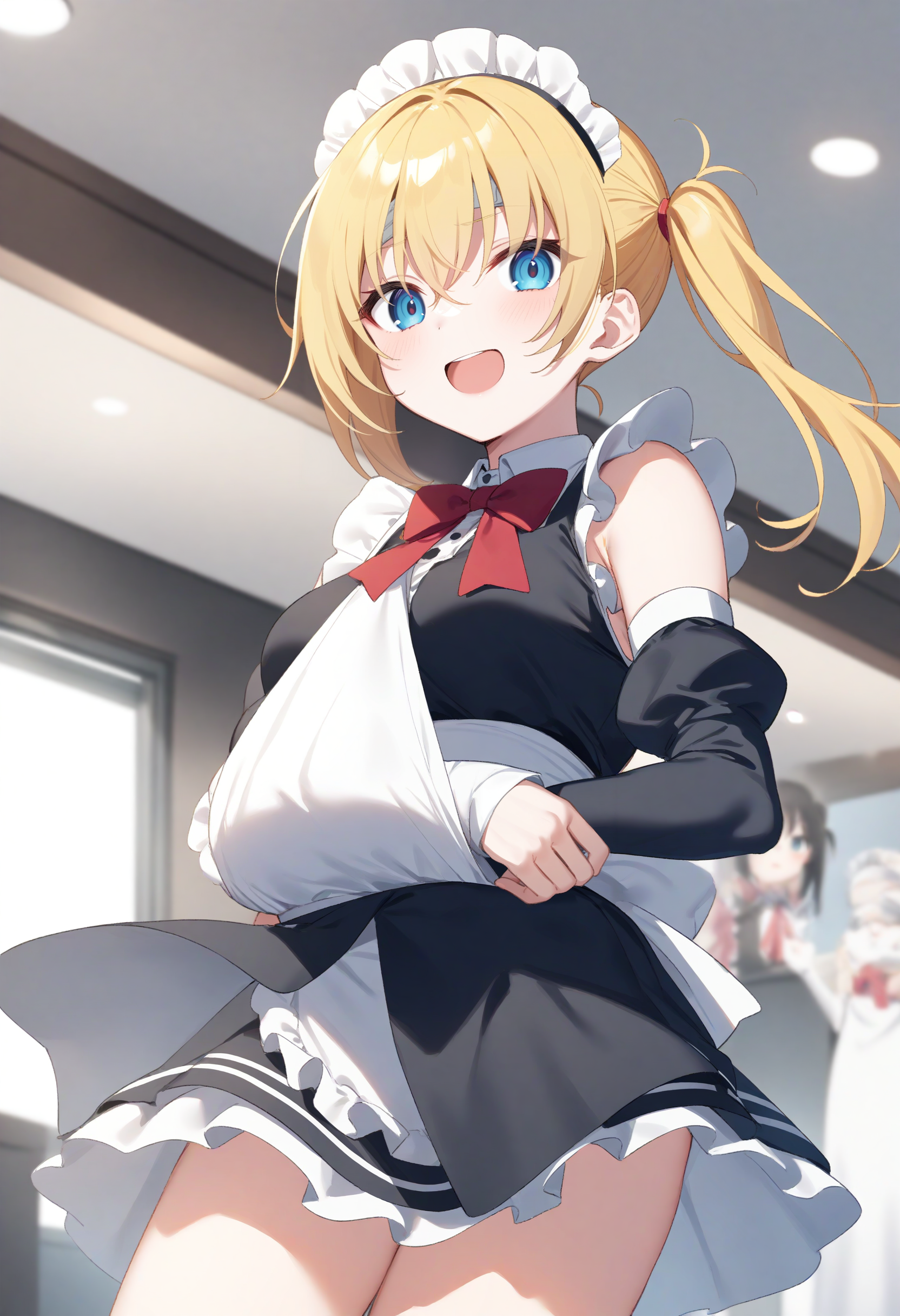 1girl,sincos, ningen mame, toosaka asagi,solo,large breasts, maid, maid headdress, detached sleeves, miniskirt, 20yo,
arm sling,<lora:armsling_XL_v1:0.8>bandaged head ,
ceiling, feet out of frame, looking at viewer, blonde hair, silver eyes,light smile, sales office, open mouth, single hair,,
best quality, very aesthetic, absurdres