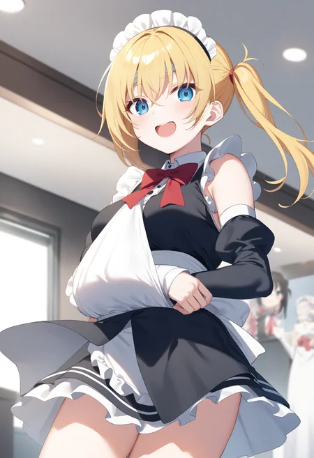 1girl,sincos, ningen mame, toosaka asagi,solo,large breasts, maid, maid headdress, detached sleeves, miniskirt, 20yo,
arm sling,<lora:armsling_XL_v1:0.8>bandaged head ,
ceiling, feet out of frame, looking at viewer, blonde hair, silver eyes,light smile, sales office, open mouth, single hair,,
best quality, very aesthetic, absurdres