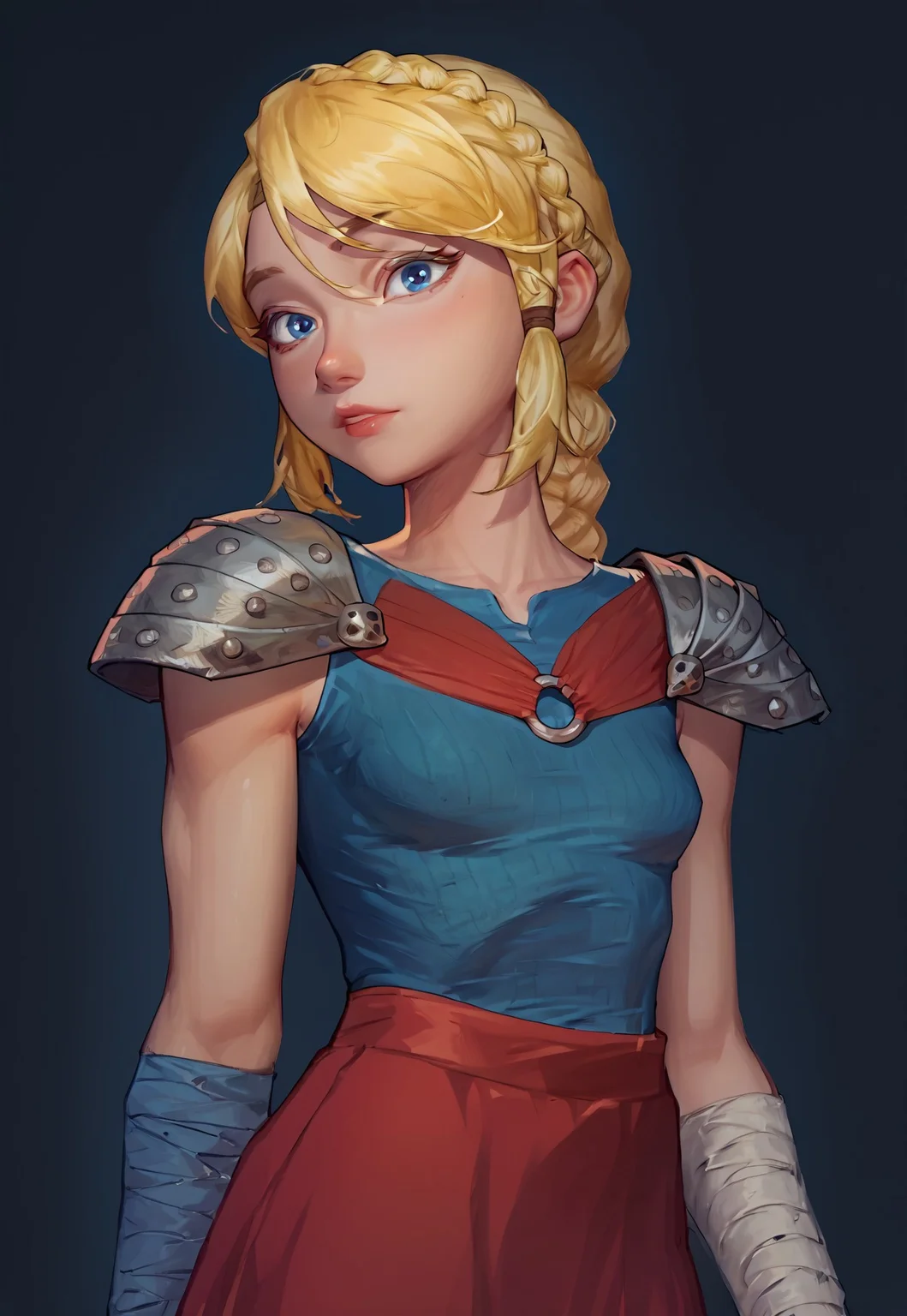safe_pos, score_9, score_8_up, score_7_up, traditional art, 1 girl, solo, AstridXL, small breasts, blonde hair, braid, blue eyes, shoulder armor, pauldrons, bandaged arm, red skirt, aged down, blue shirt,