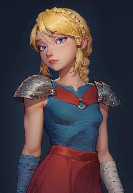 safe_pos, score_9, score_8_up, score_7_up, traditional art, 1 girl, solo, AstridXL, small breasts, blonde hair, braid, blue eyes, shoulder armor, pauldrons, bandaged arm, red skirt, aged down, blue shirt,