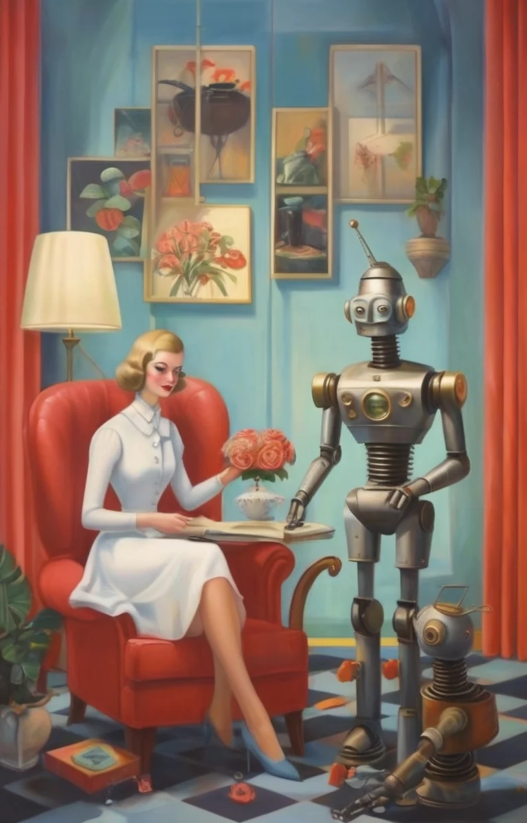 masterpiece,best quality,<lora:tbh293-sdxl:0.9>,illustration,style of Dorothy Draper portrait of Housework robots