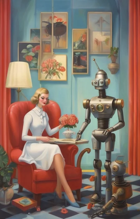 masterpiece,best quality,<lora:tbh293-sdxl:0.9>,illustration,style of Dorothy Draper portrait of Housework robots