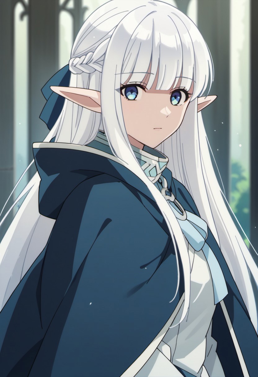 score_9, score_8_up, score_7_up, source_anime, nephelia, long hair, pointy ears, elf, white hair, blue eyes, 1girl, solo, looking at viewer, blunt bangs, braid, anime coloring, french braid, cloak