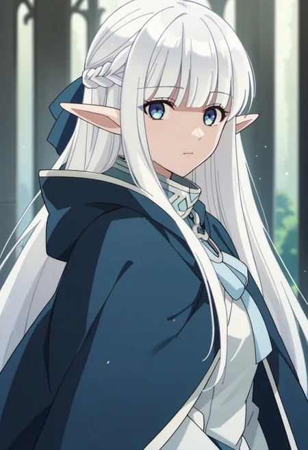 score_9, score_8_up, score_7_up, source_anime, nephelia, long hair, pointy ears, elf, white hair, blue eyes, 1girl, solo, looking at viewer, blunt bangs, braid, anime coloring, french braid, cloak