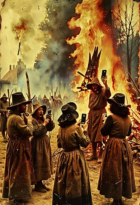 vintage photo of medieval peasants taking a video from their phones of a witch burning at the stake