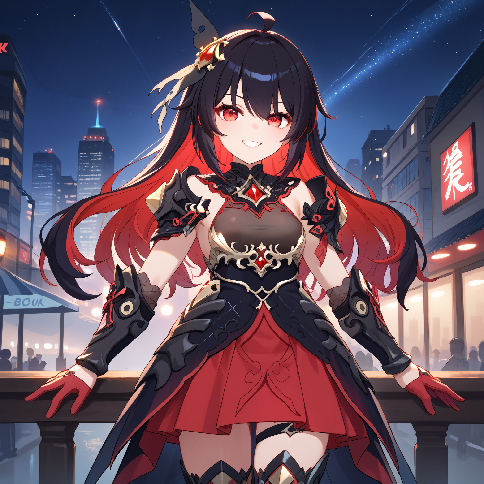 score_9, score_8_up, score_7_up, score_6_up, score_5_up, score_4_up, BREAK source_anime, look at viewer, rating_safe, 1girl, solo, night, city, close up, evil smile, masterpiece, best quality, high detailed skin,  seele vollerei \(starchasm nyx\), long hair, multicolored hair, black hair, red hair, hair ornament, ahoge, red eyes, armor, black dress, red gloves, red skirt, thigh strap, thighhighs,