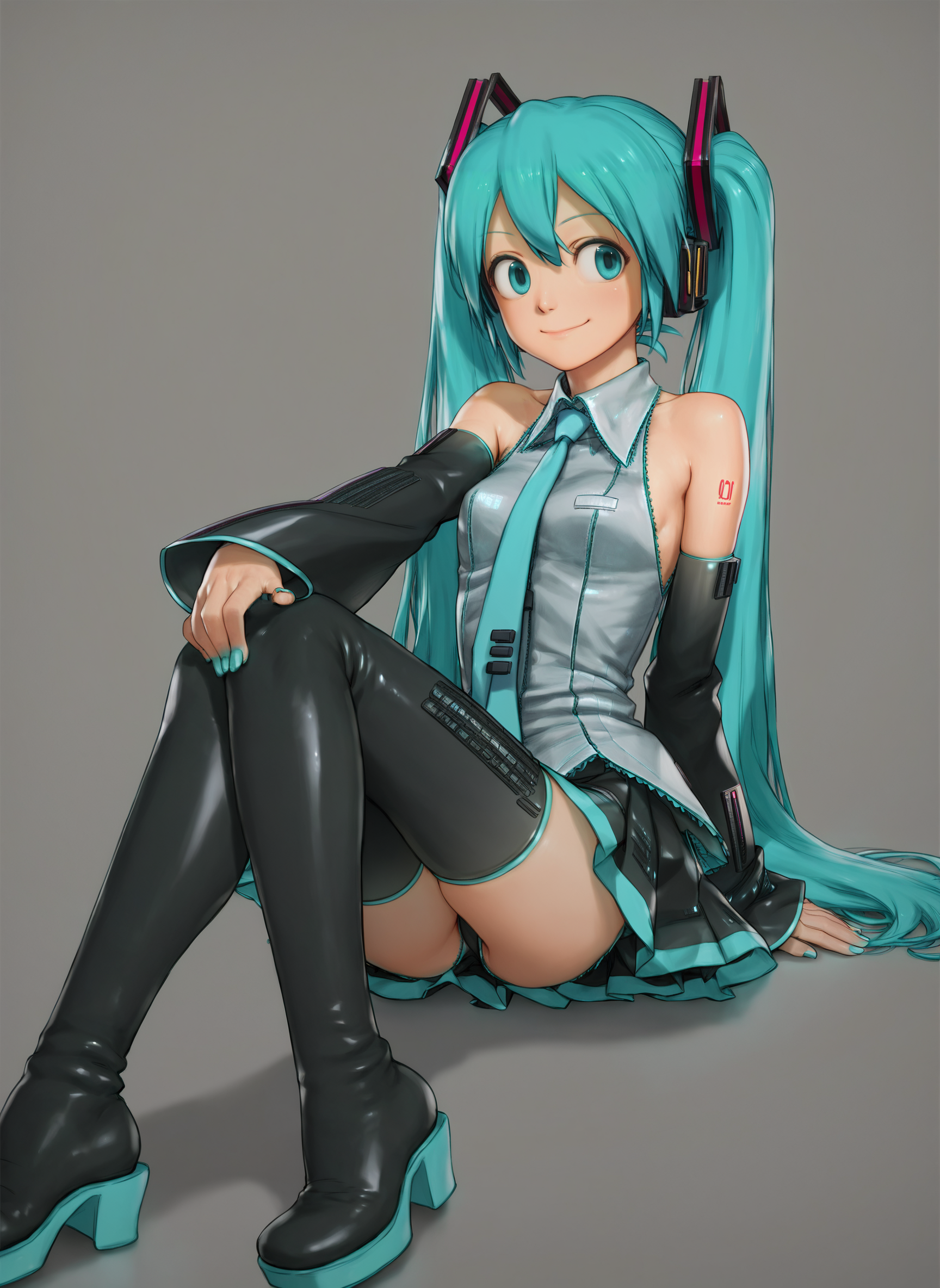 score_9, score_8_up, score_7_up, score_6_up, rustle_style BREAK
1girl, solo, smile, nail polish, thigh boots, crossed legs,  hatsune miku, simple background
<lora:rustle_pdxl:1>