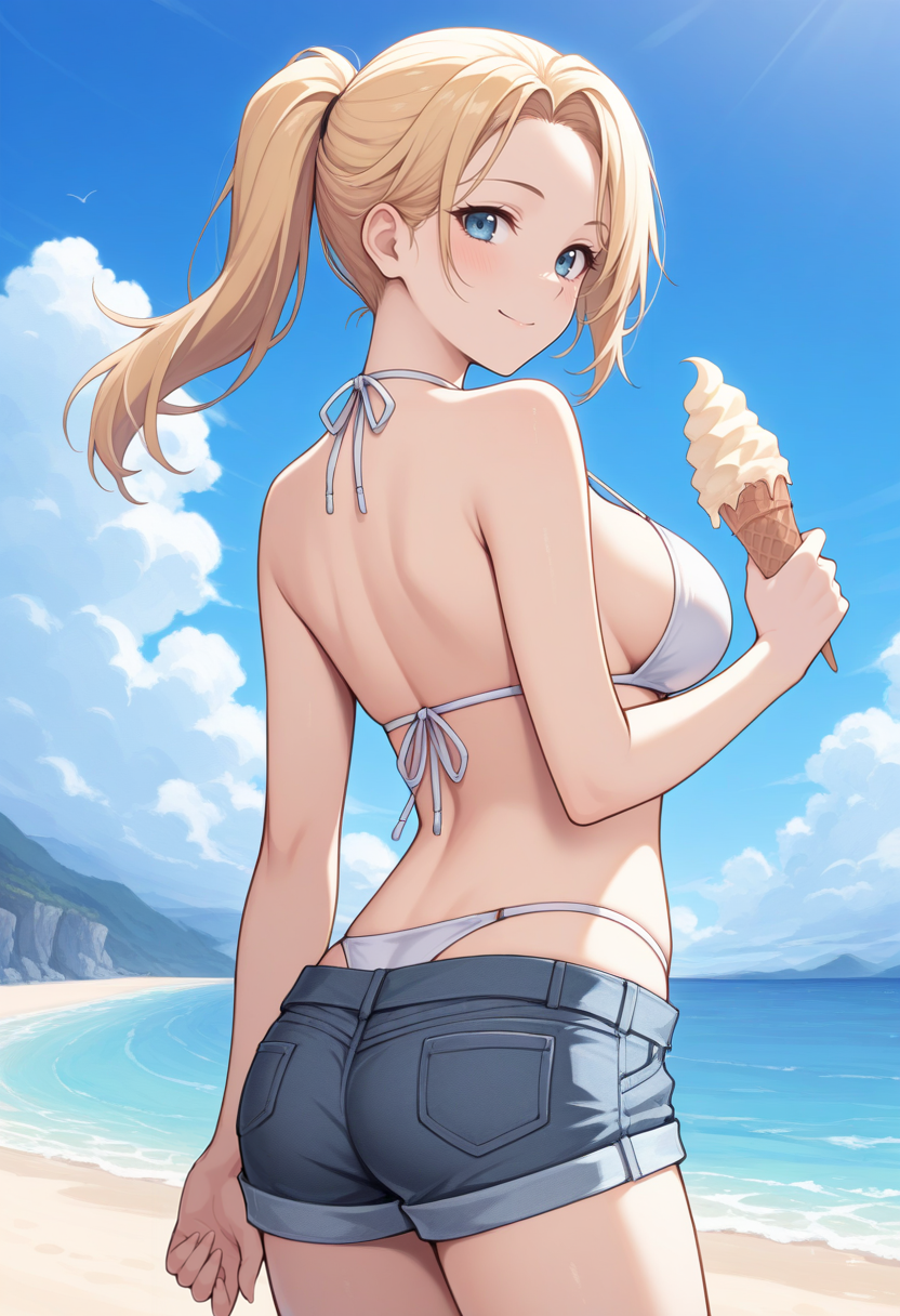 masterpiece, best quality, 1girl, solo, looking at viewer, cowboy shot, beach, blue sky, smile, holding ice cream
<lora:zs_CindyILLU:1> c1ndyreoutbreak, blonde hair, ponytail, blue eyes, white bikini, jean shorts, short shorts