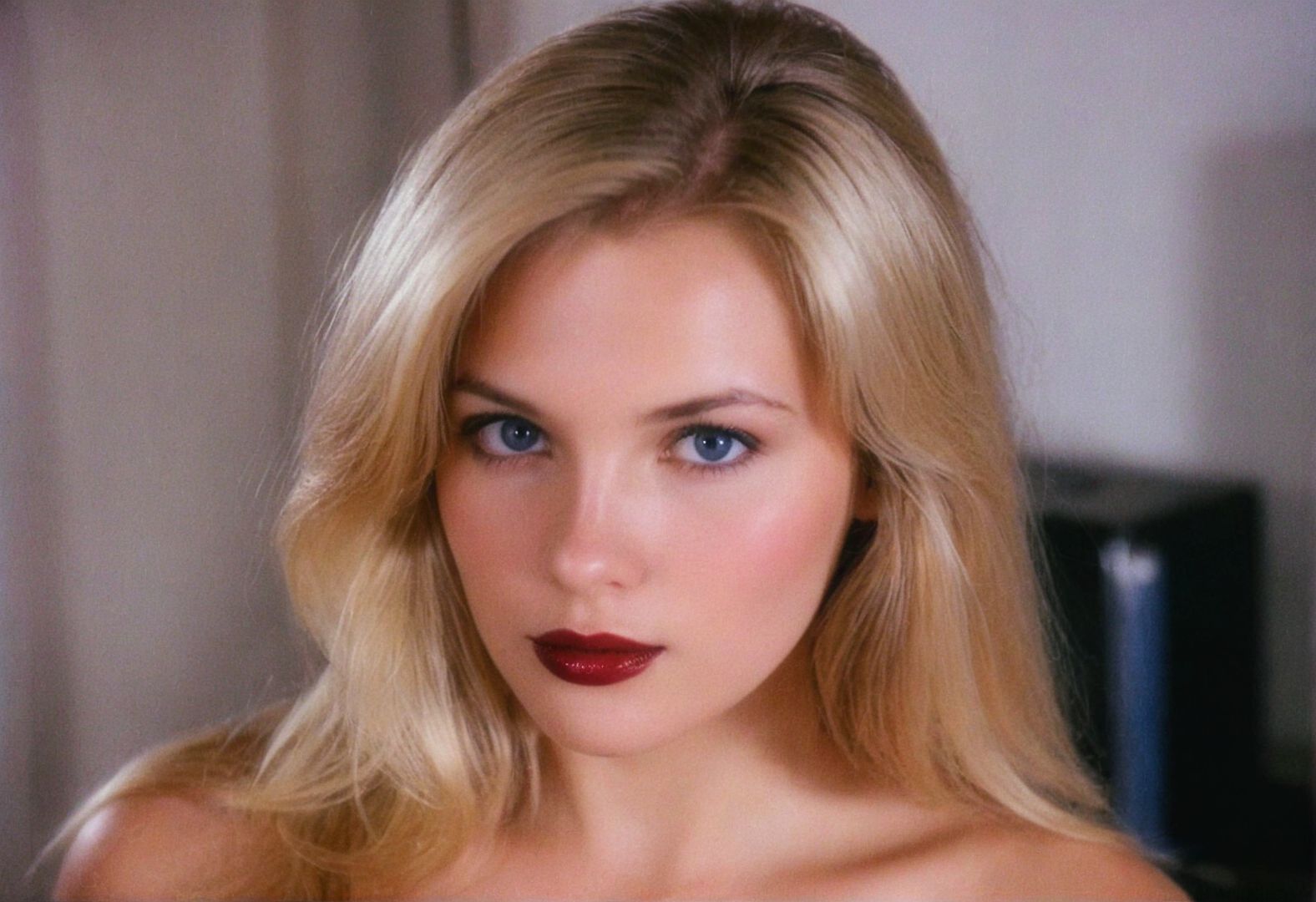 MiamiVice (Kisa) ((analog photo)) blonde ((slavic)) woman indoors, blue eyes, glossy dark lipstick, (((soft focus, depth of field, film grain, masterpiece, looking at viewer))) <lora:MiamiVicev2-XL:0.4> <lora:EuroBabe-v4-XL:0.6>