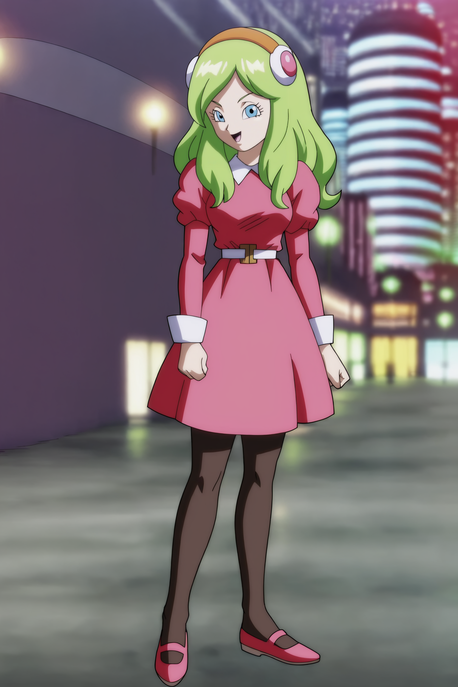source_anime, score_9, score_8_up, score_7_up, anime screencap, absurd res, high quality,
brianne, 1girl, solo, long hair, green hair, eyelashes, blue eyes, yellow hairband, pink dress, juliet sleeves, long sleeves, white collar, sleeve cuffs, white belt, black pantyhose, mary janes, pink footwear, looking at viewer, cityscape, standing, legs together, fingernails, arms by side, head tilt, clenched hand, small breasts, dark sky, cloud, blurry background, open mouth, smile
 <lora:Kamikaze_Fireballs_v1:0.8>