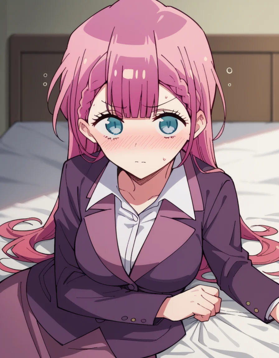 score_9, score_8_up, score_7_up, source_anime, <lora:mafuyu-kirisu-s2-ponyxl-lora-nochekaiser:1>, mafuyu kirisu, blue eyes, braid, long hair, twin braids, pink hair, large breasts,, long sleeves, purple skirt, shirt, skirt, suit jacket, white shirt, blazer,, indoors, bed, bed room, on side, blush, drunk, looking at viewer, solo,, cowboy shot, dutch angle