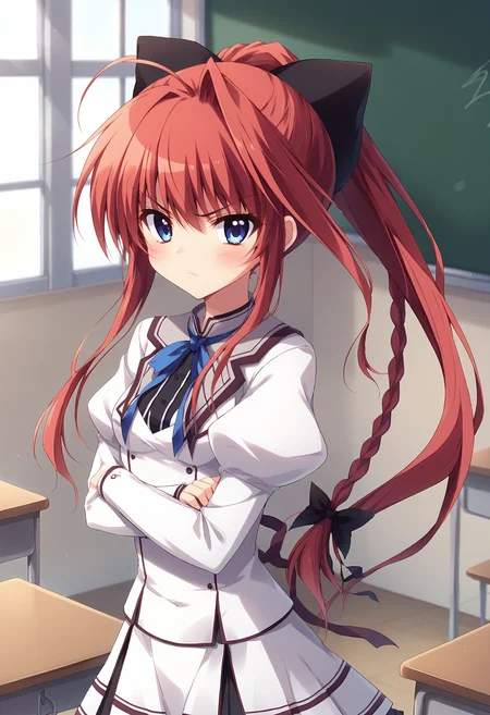 score_9, score_8_up, score_7_up BREAK
source_anime, rating_safe, side view, upper body, indoors, classroom, chalkboard, school desk, school chair, window, standing, crossed arms, blush, glaring, jitome, closed mouth, looking at viewer, solo, 1girl, mssana, red hair, long hair, ponytail, single hair intake, ahoge, braid, hair bow, blue eyes, small breasts, school uniform, puffy sleeves, juliet sleeves, long sleeves, skirt <lora:mashirosana_epoch_8:0.7>